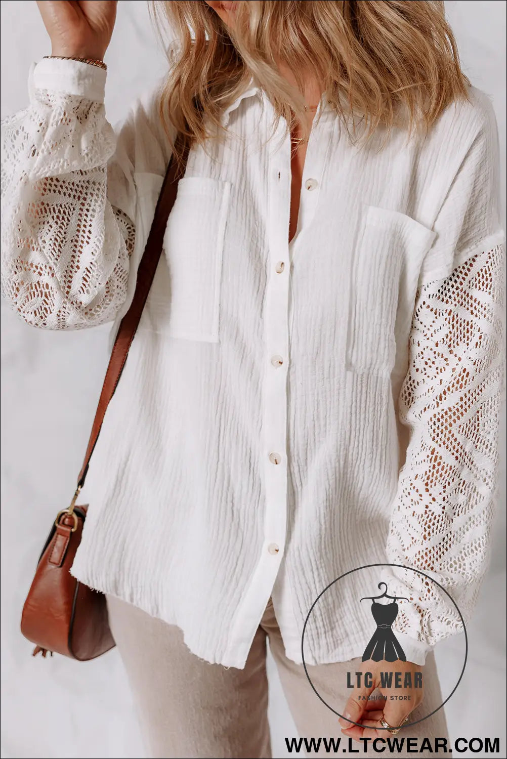White cotton gauze lace patchwork long sleeve shirt - blouses & shirts