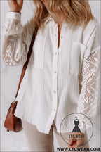 White cotton gauze lace patchwork long sleeve shirt - blouses & shirts