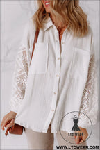 White cotton gauze lace patchwork long sleeve shirt - white / l / 100% cotton - blouses & shirts