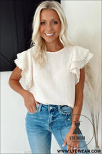 White crinkled layered ruffled flutter sleeve blouse - blouses & shirts