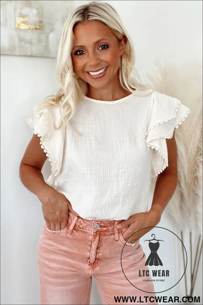 White crinkled layered ruffled flutter sleeve blouse - blouses & shirts