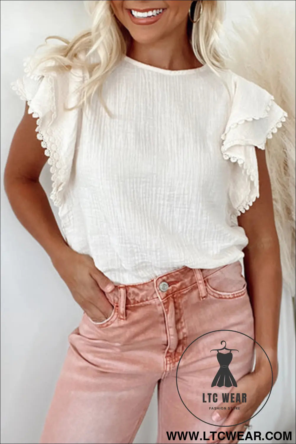 White crinkled layered ruffled flutter sleeve blouse - white / l / 100% cotton - blouses & shirts