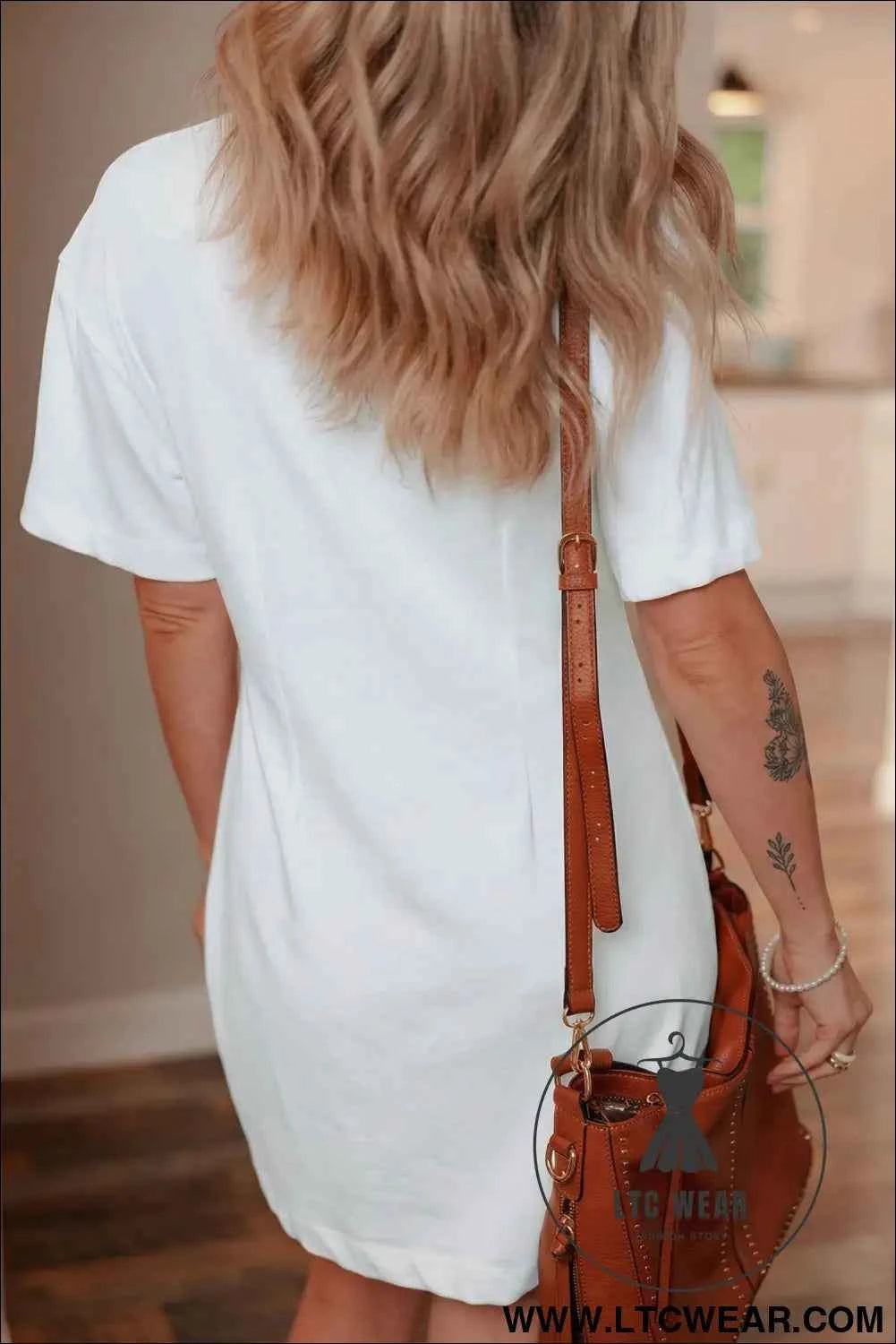 White Drop Shoulder Crew Neck T Shirt Dress