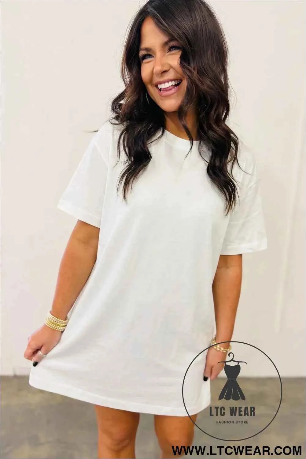 White Drop Shoulder Crew Neck T Shirt Dress