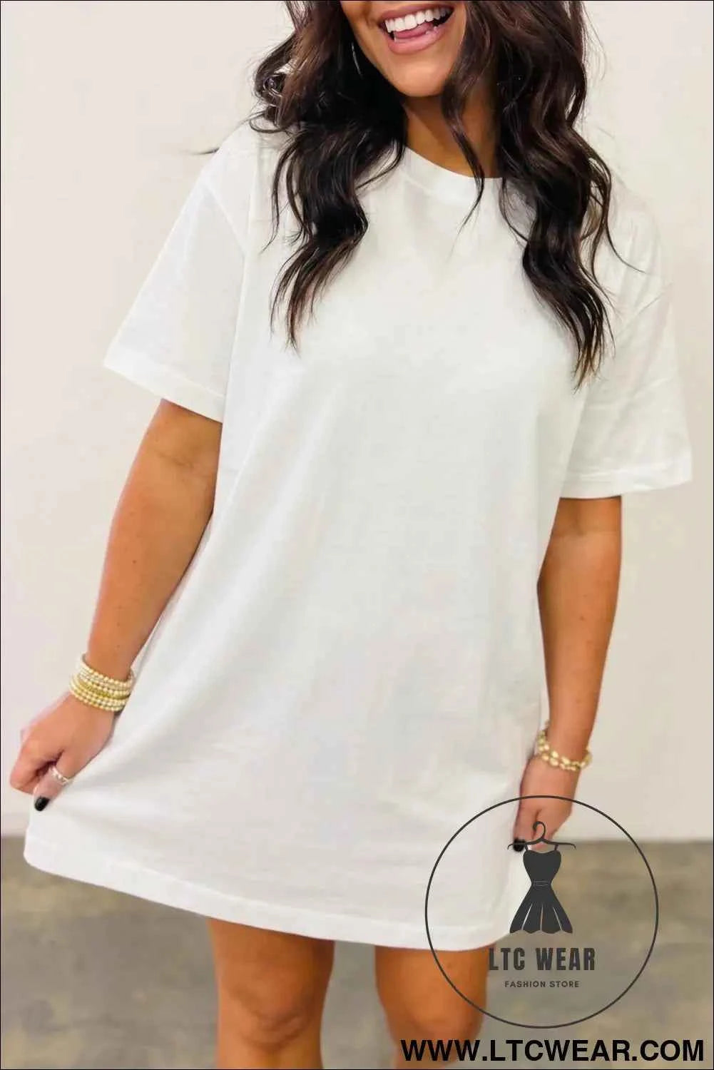 White Drop Shoulder Crew Neck T Shirt Dress