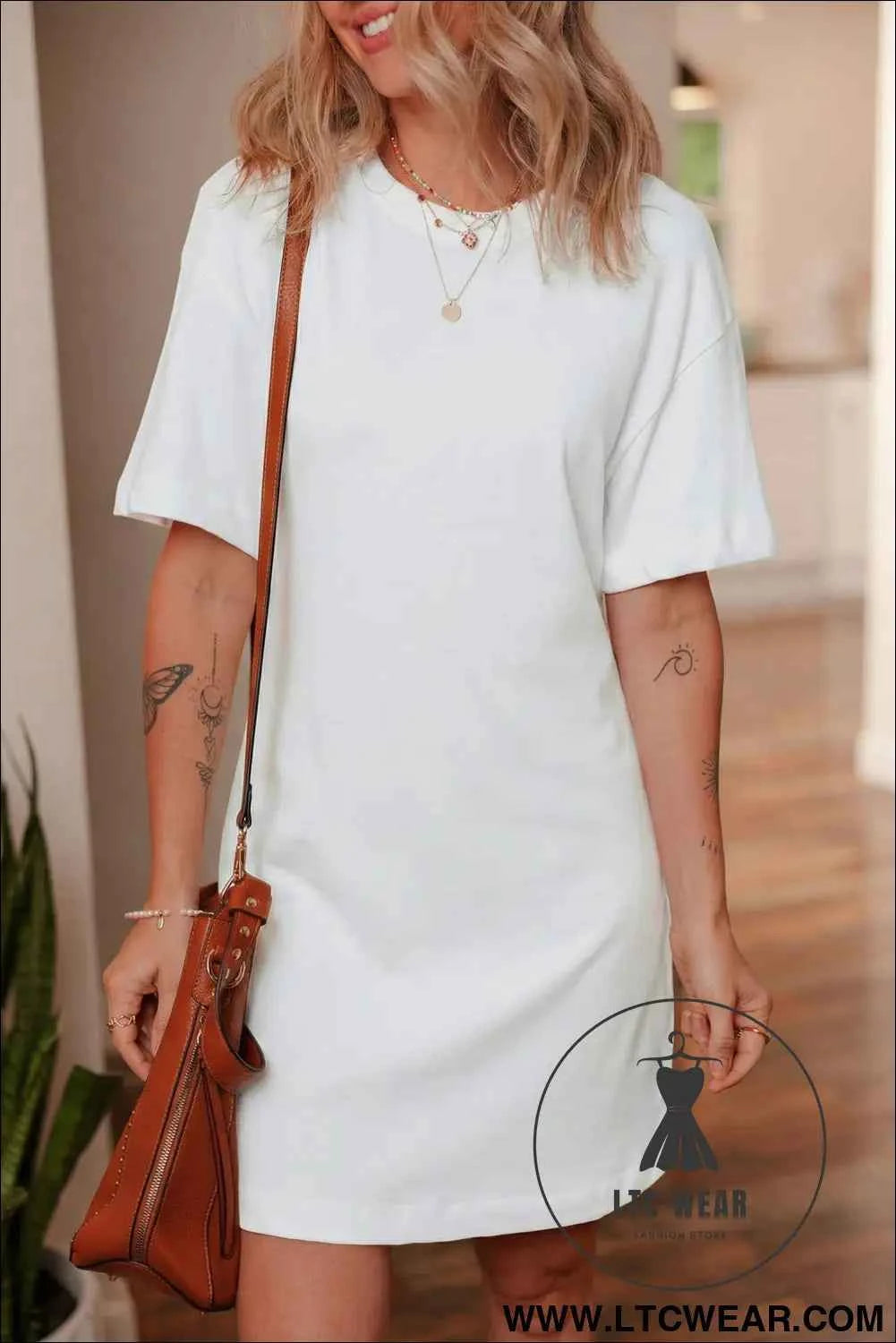 White Drop Shoulder Crew Neck T Shirt Dress