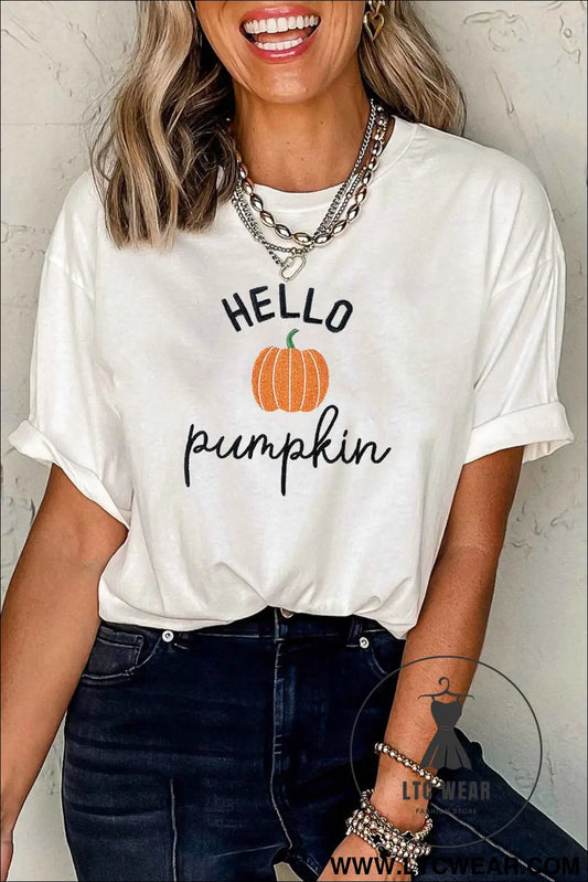 White Embroidered Pumpkin Slogan Short Sleeve T-Shirt