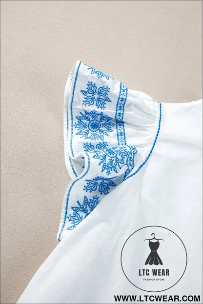 White Embroidered Ruffled Sleeve Frill Blouse - L.T.C Wear Online Fashion Store