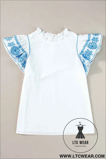 White Embroidered Ruffled Sleeve Frill Blouse