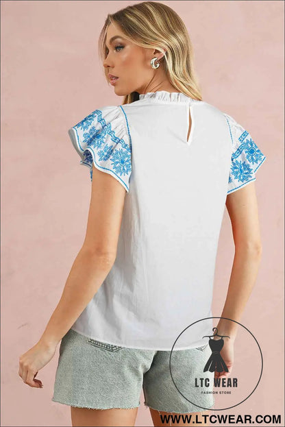 White Embroidered Ruffled Sleeve Frill Blouse