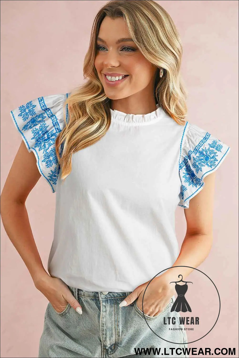 White Embroidered Ruffled Sleeve Frill Blouse