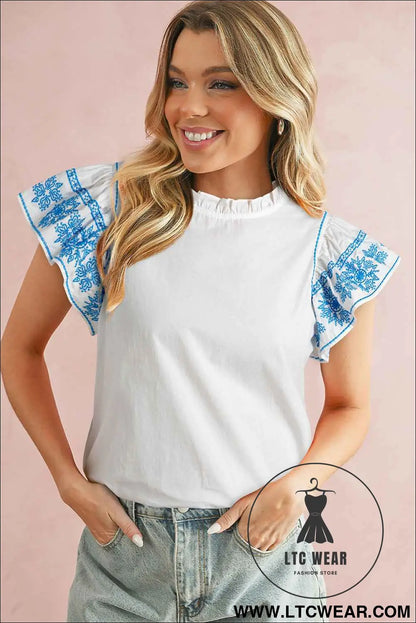 White Embroidered Ruffled Sleeve Frill Blouse
