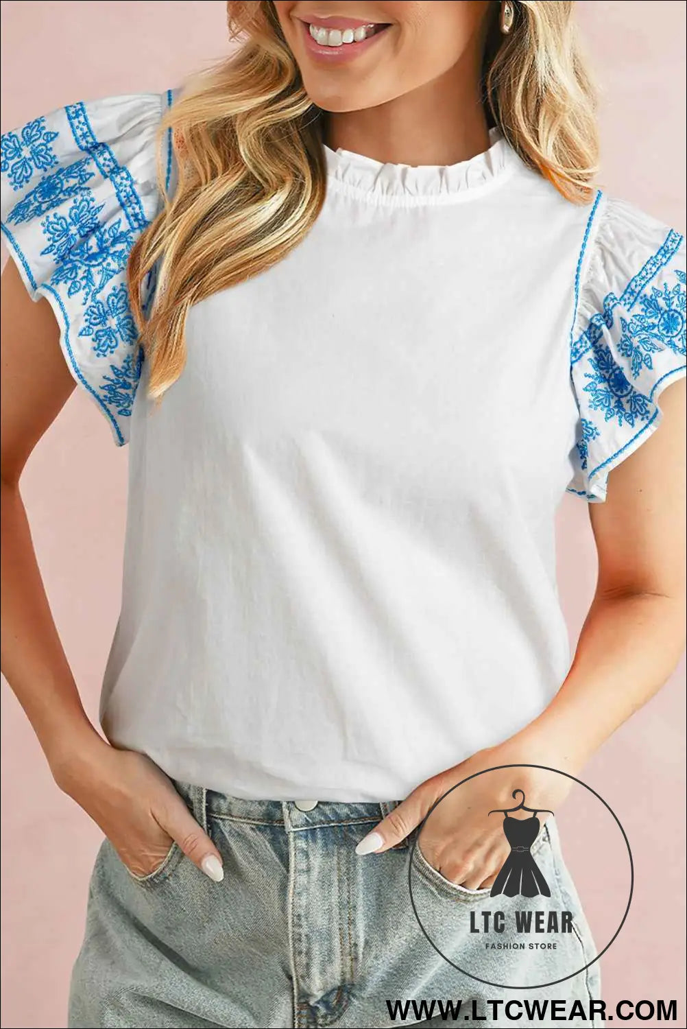 White Embroidered Ruffled Sleeve Frill Blouse