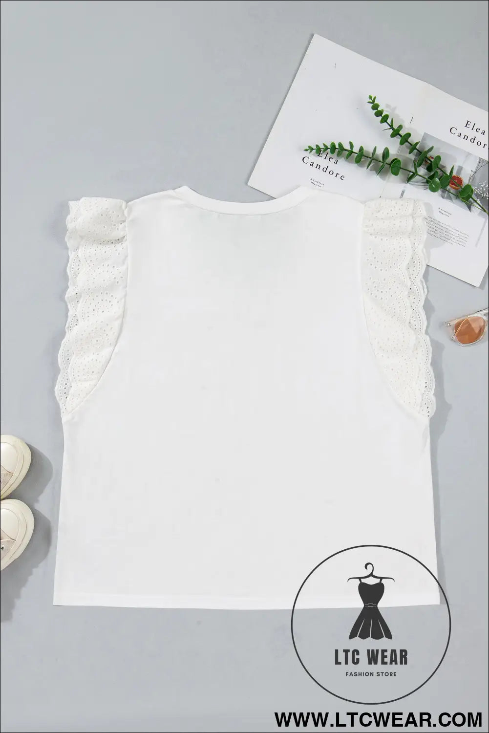 White Eyelet Crochet Splicing Short Sleeve Plus Size Tee - L.T.C Wear Online Fashion Store
