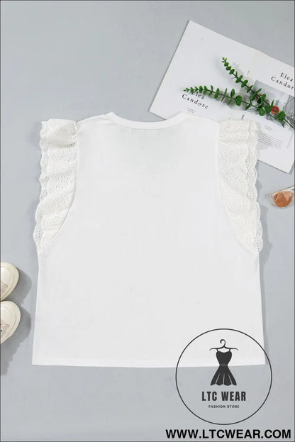 White Eyelet Crochet Splicing Short Sleeve Plus Size Tee - L.T.C Wear Online Fashion Store