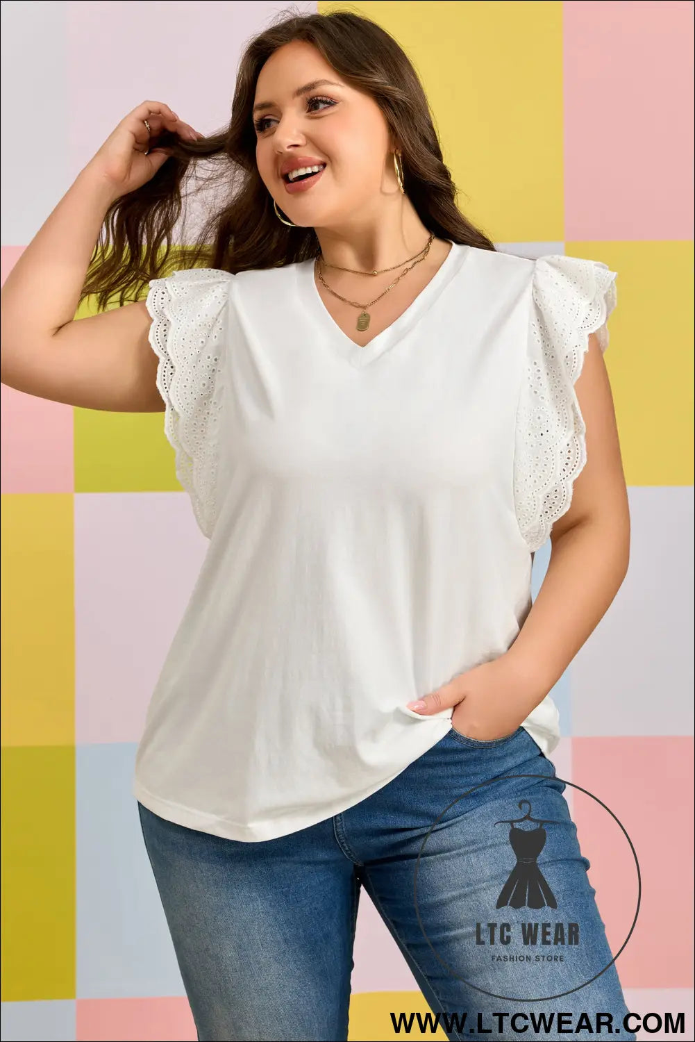 White Eyelet Crochet Splicing Short Sleeve Plus Size Tee - L.T.C Wear Online Fashion Store