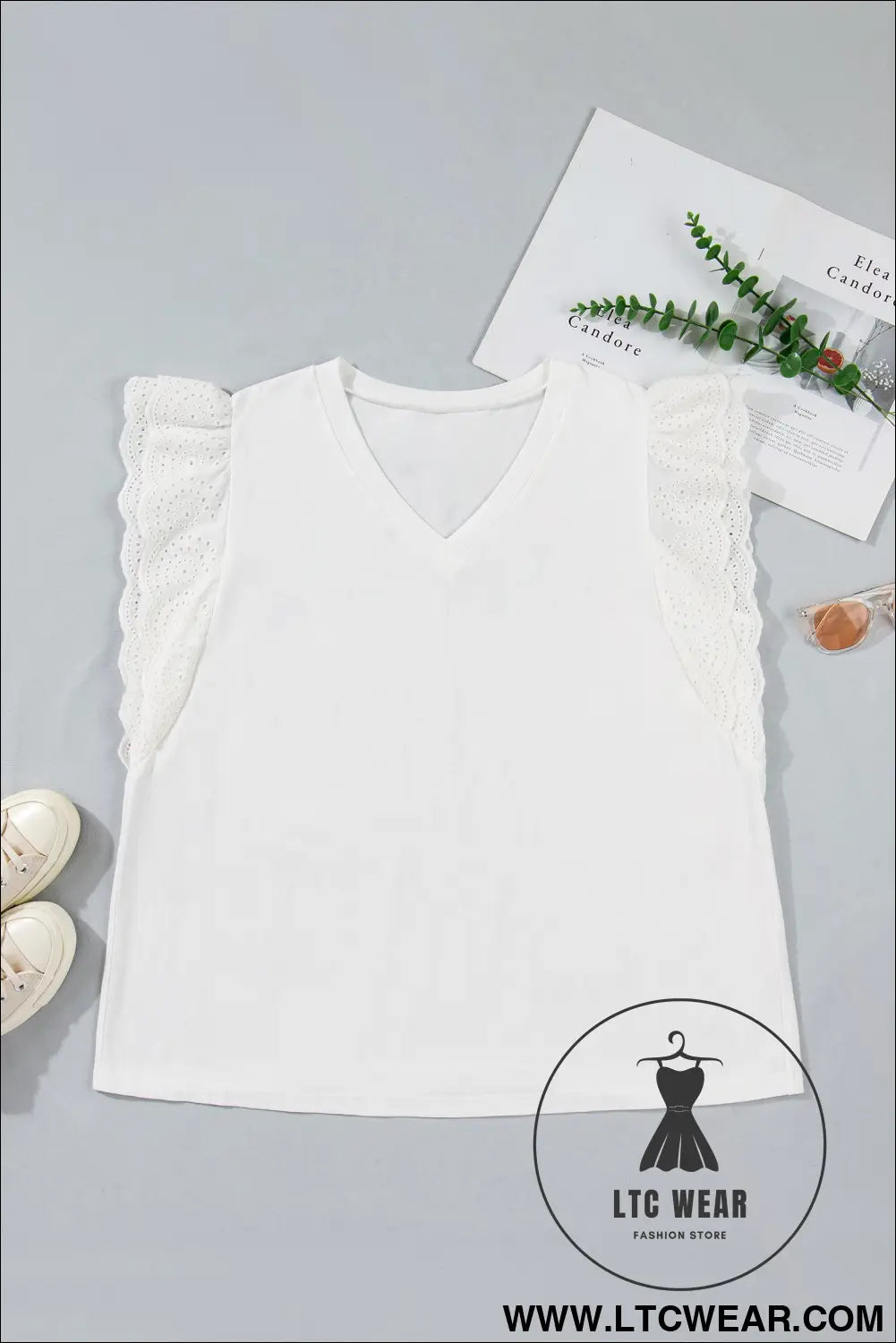 White Eyelet Crochet Splicing Short Sleeve Plus Size Tee - L.T.C Wear Online Fashion Store