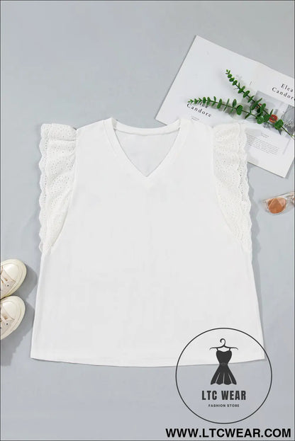 White Eyelet Crochet Splicing Short Sleeve Plus Size Tee - L.T.C Wear Online Fashion Store