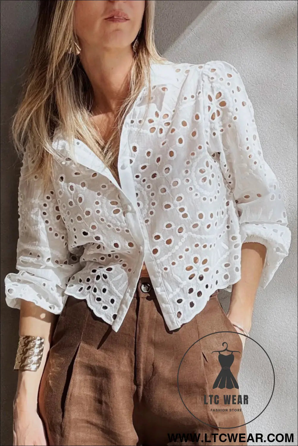 White eyelet embroidered puff sleeve crop shirt - blouses & shirts