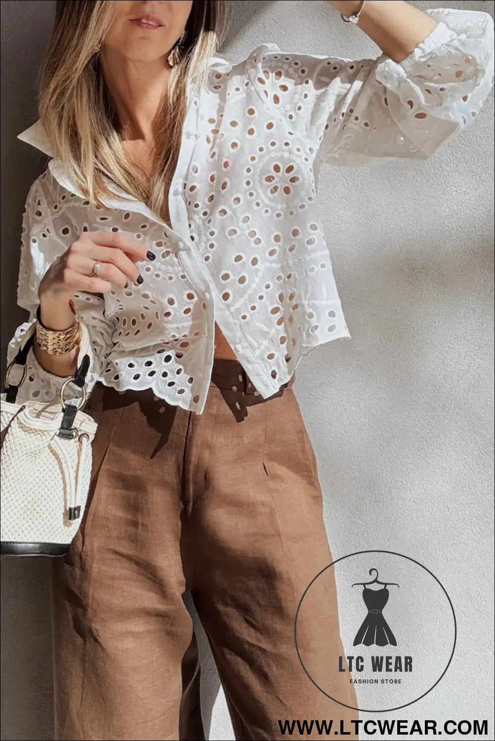 White eyelet embroidered puff sleeve crop shirt - blouses & shirts
