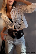 White eyelet embroidered puff sleeve crop shirt - blouses & shirts
