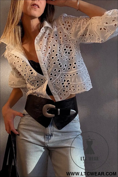 White eyelet embroidered puff sleeve crop shirt - blouses & shirts