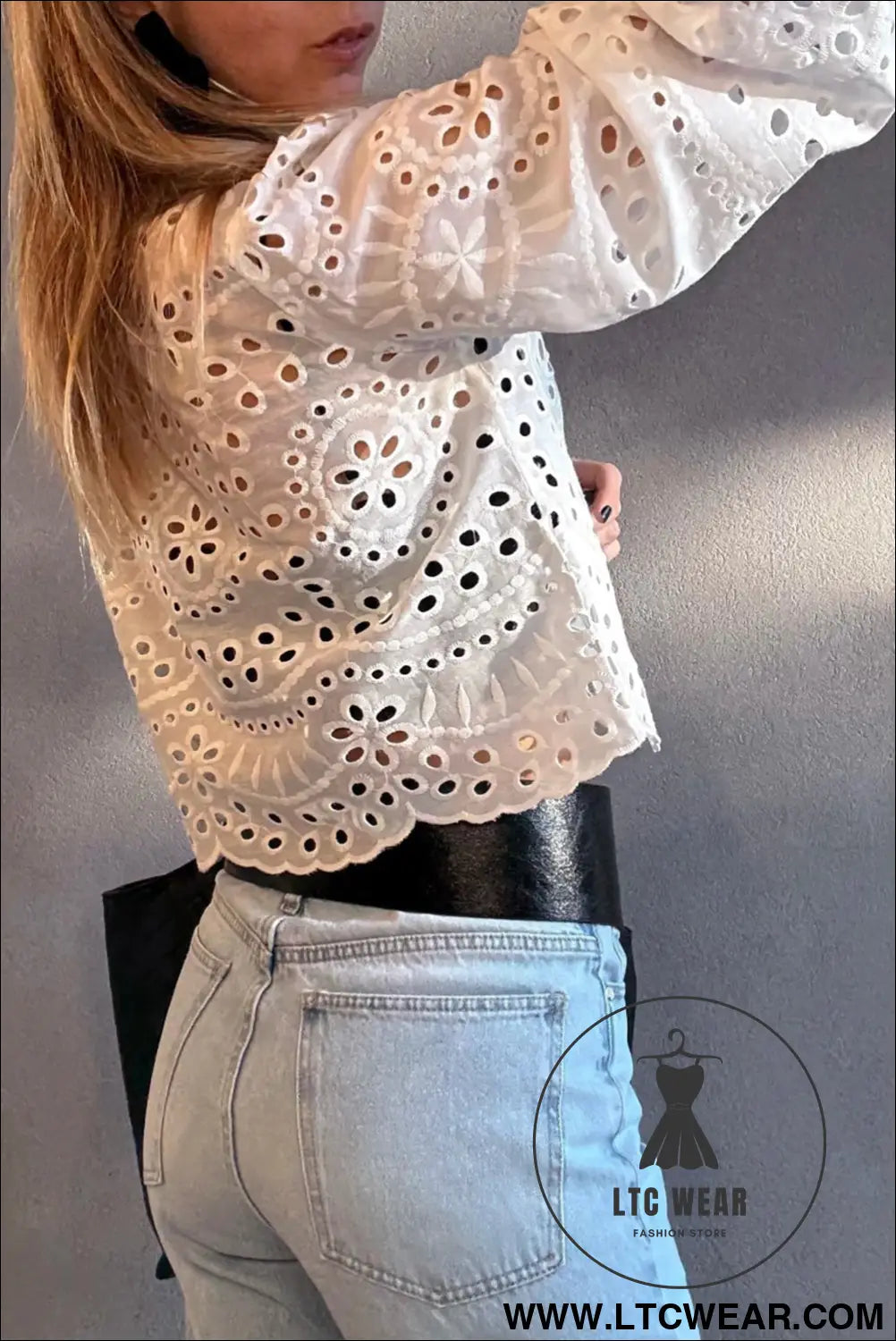 White eyelet embroidered puff sleeve crop shirt - blouses & shirts
