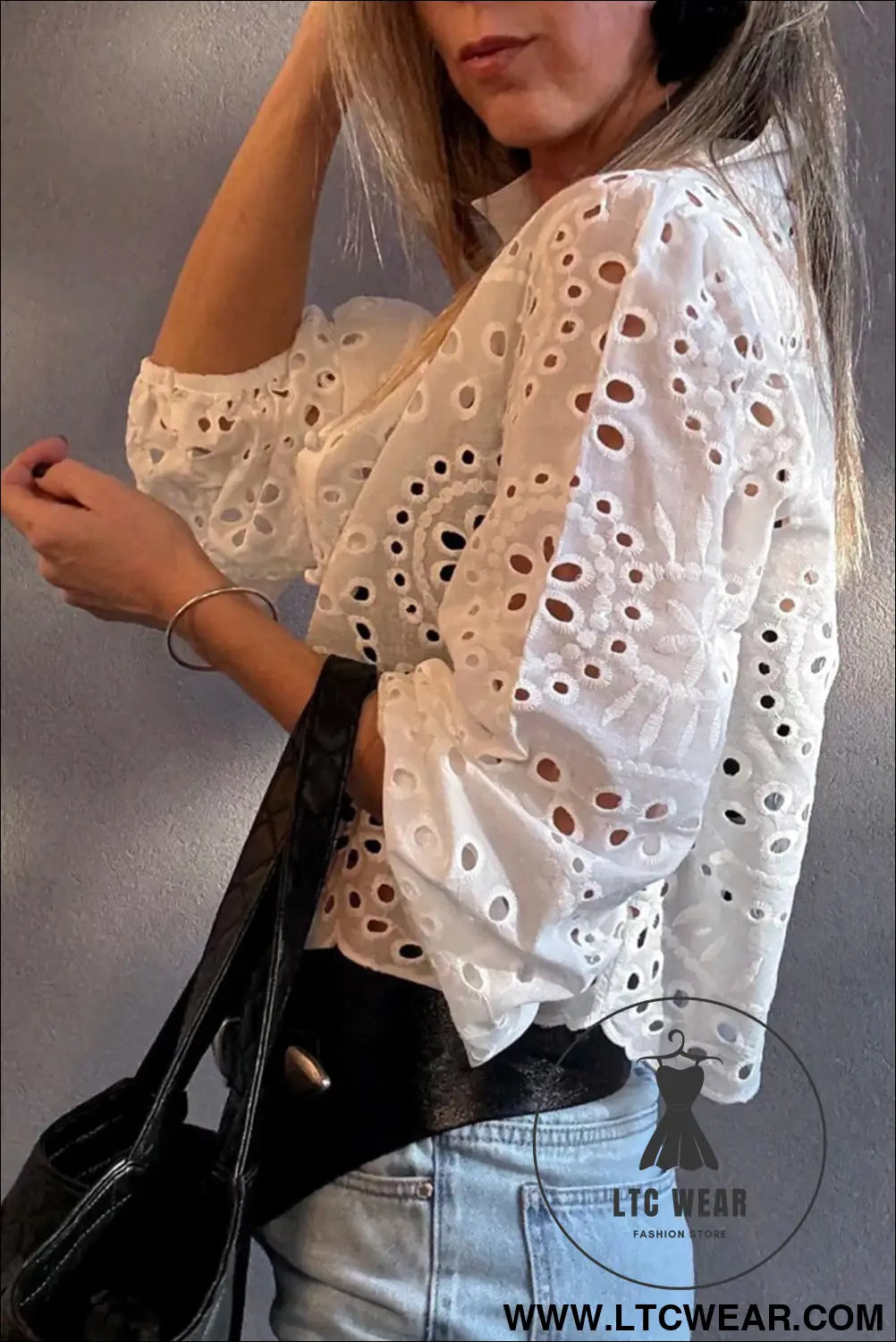 White eyelet embroidered puff sleeve crop shirt - blouses & shirts