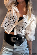 White eyelet embroidered puff sleeve crop shirt - blouses & shirts