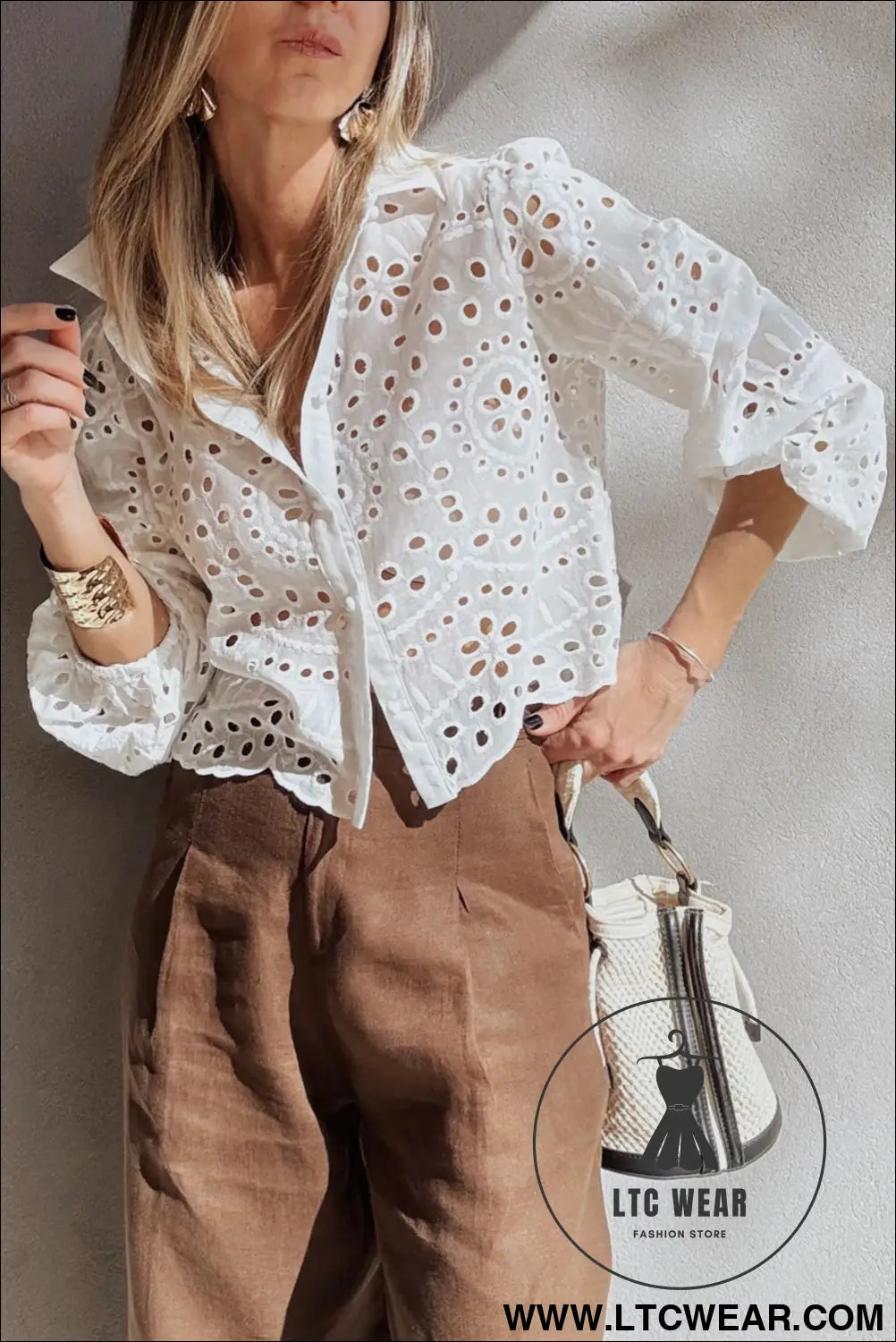 White eyelet embroidered puff sleeve crop shirt - white / l / 100% cotton - blouses & shirts