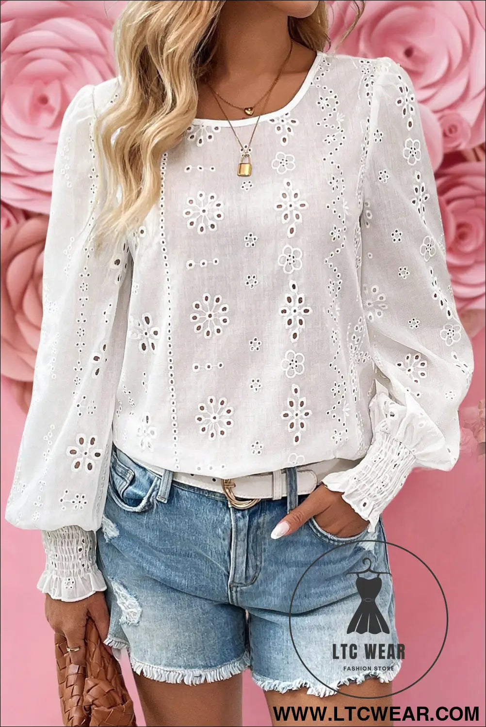 White eyelet embroidered smocked cuffs blouse - 15%