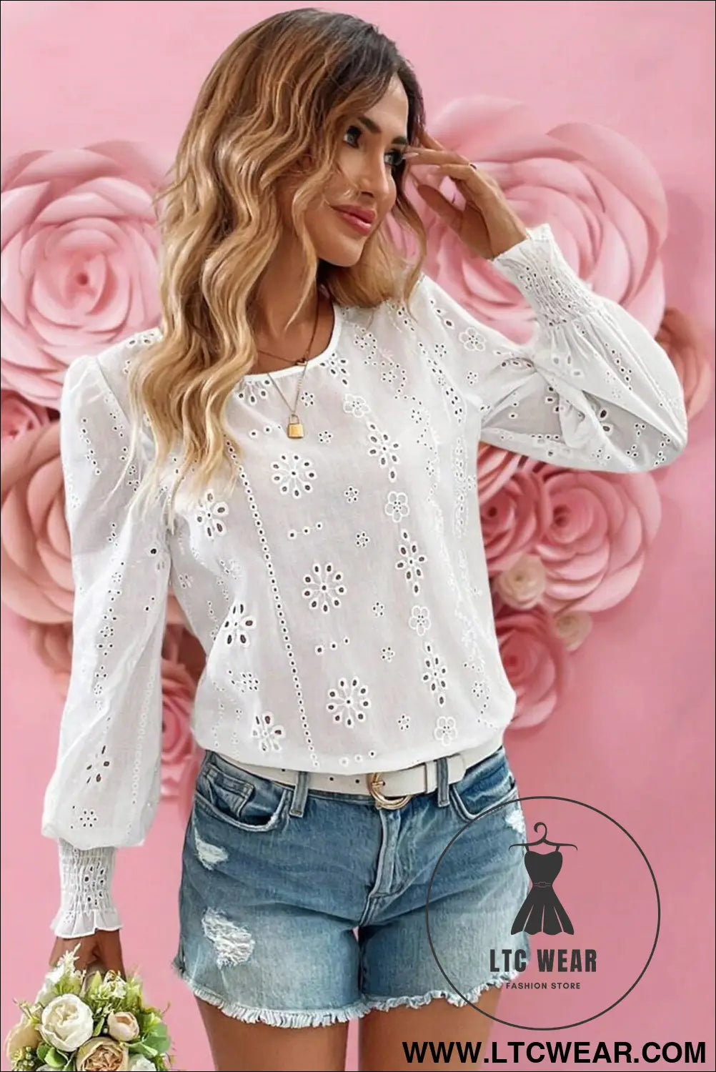 White eyelet embroidered smocked cuffs blouse - 15%