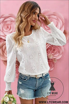 White eyelet embroidered smocked cuffs blouse - 15%