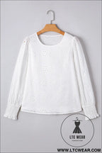 White eyelet embroidered smocked cuffs blouse - 15%