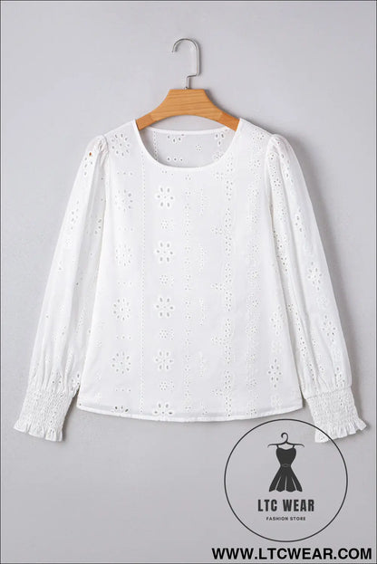 White eyelet embroidered smocked cuffs blouse - 15%