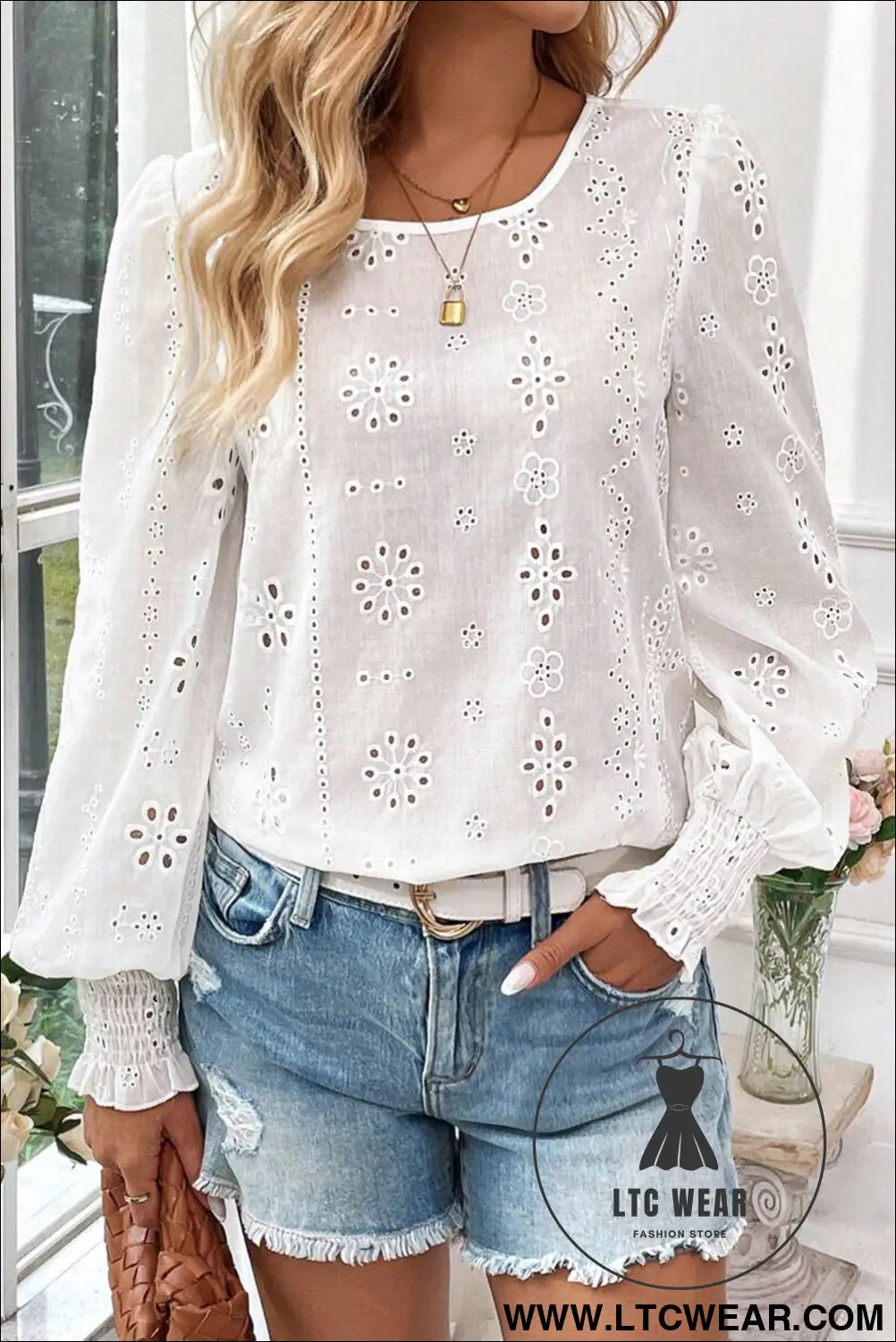 White eyelet embroidered smocked cuffs blouse - 15%