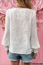 White eyelet embroidered smocked cuffs blouse - 15%