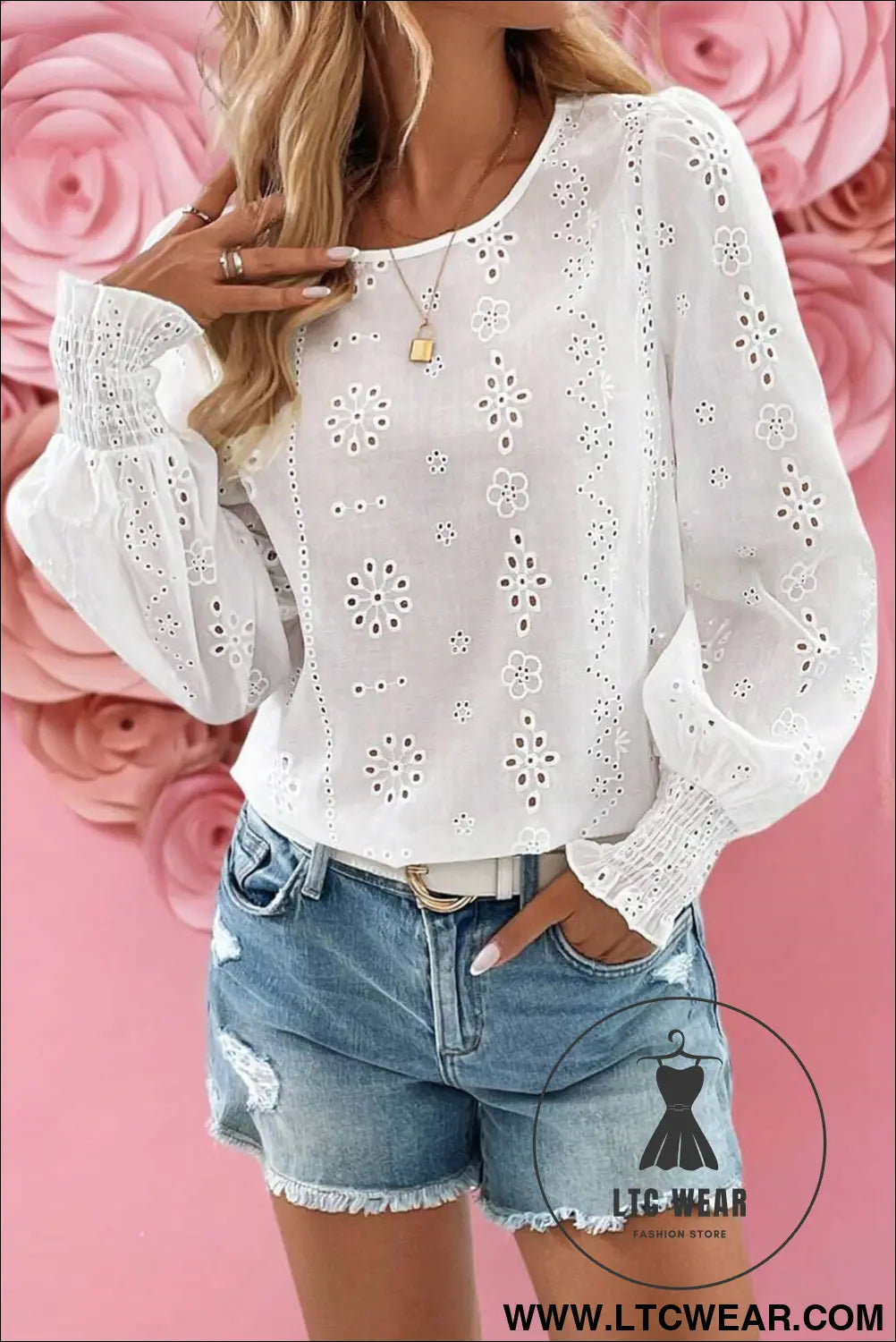 White eyelet embroidered smocked cuffs blouse - 15%