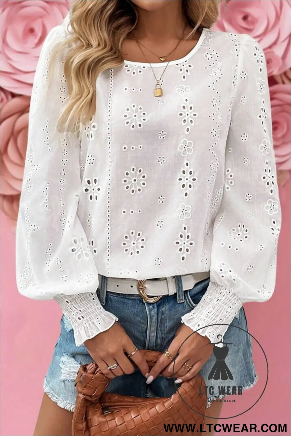 White eyelet embroidered smocked cuffs blouse - white / l / 100% cotton - 15%