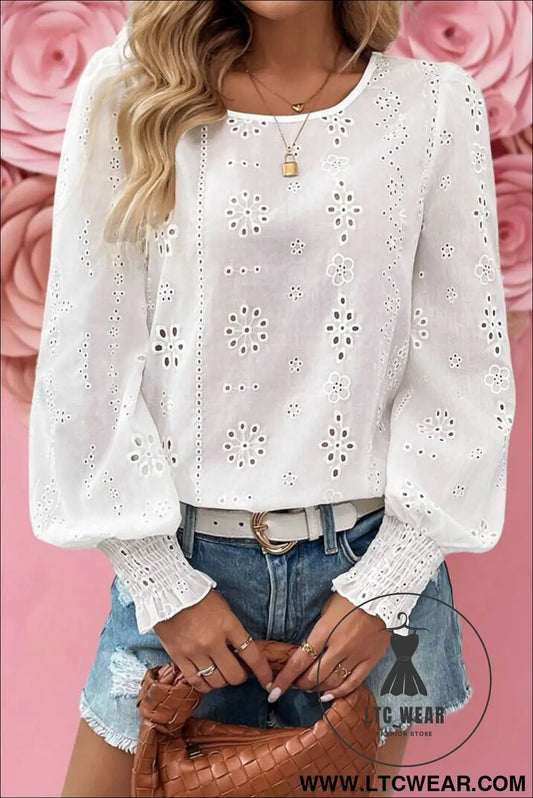 White eyelet embroidered smocked cuffs blouse - white / l / 100% cotton - 15%