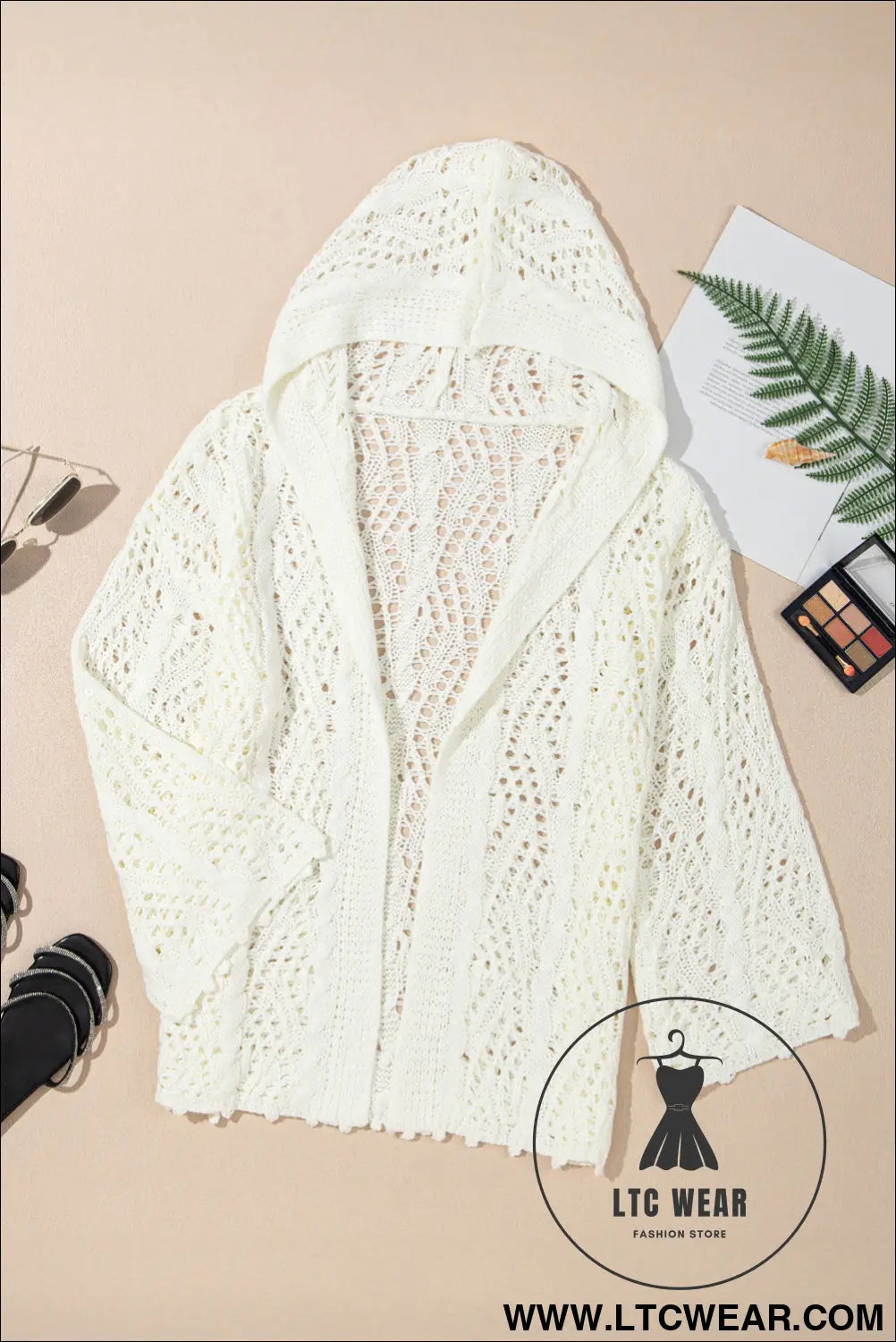 White fashion open knit hooded beach cover up - 15%