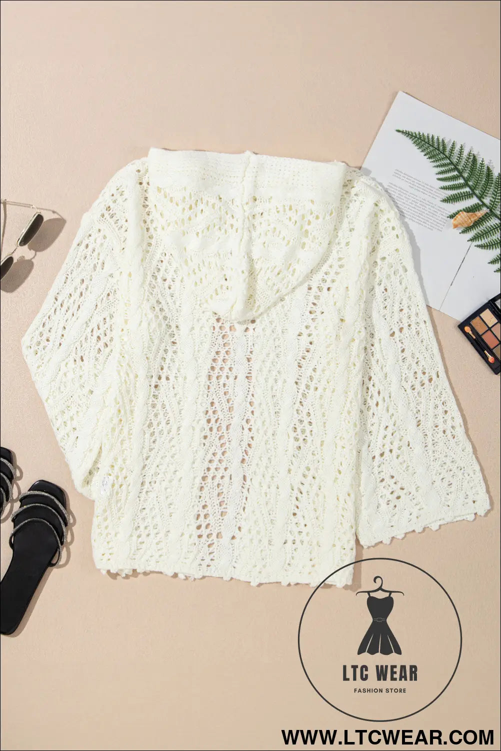 White fashion open knit hooded beach cover up - 15%