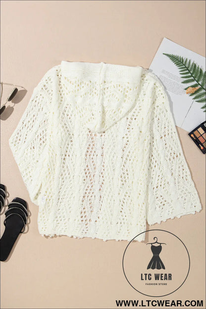 White fashion open knit hooded beach cover up - 15%