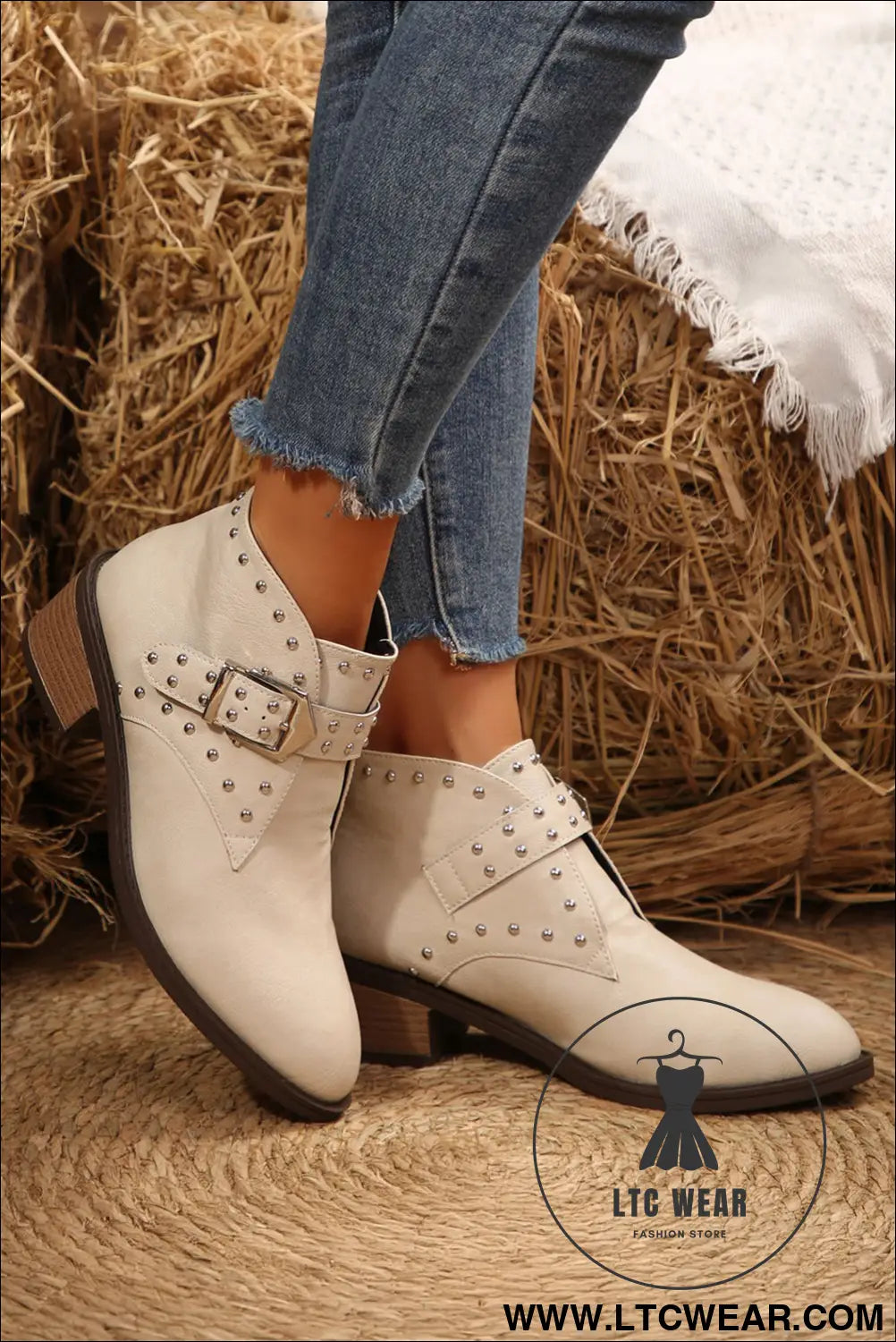 White faux leather studded pointed toe block heel ankle boots - boots