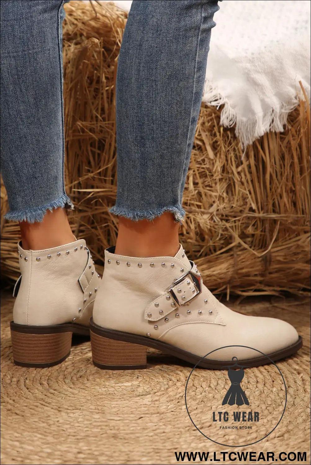White faux leather studded pointed toe block heel ankle boots - boots