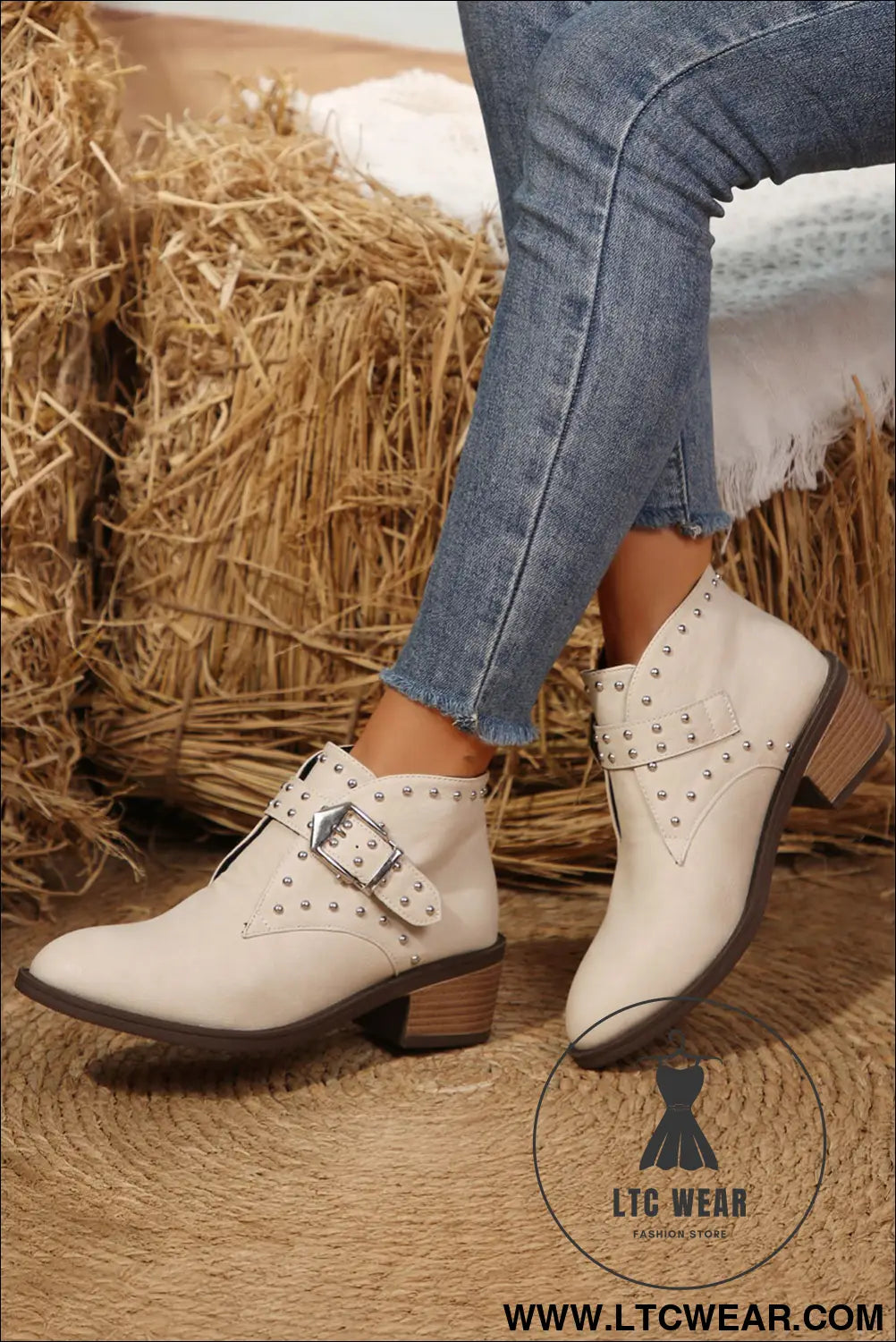 White faux leather studded pointed toe block heel ankle boots - boots