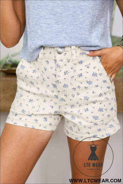 White Floral Casual Cute Denim Shorts