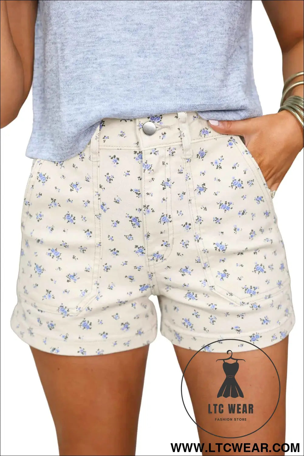 White Floral Casual Cute Denim Shorts