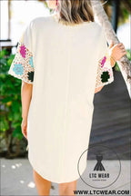 Cream Crochet Floral Sleeve T Shirt Dress