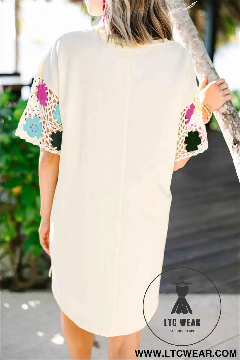 Cream Crochet Floral Sleeve T Shirt Dress